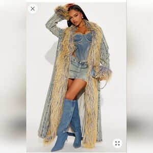 Denim Trench Coat with Fur Trim